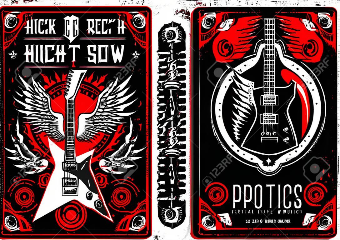 Hard rock music vintage flyers. Heavy metal live show retro posters template. Winged electric guitars, human skulls with punk mohawk hairstyle and spurts of flame engraved vector and typography.