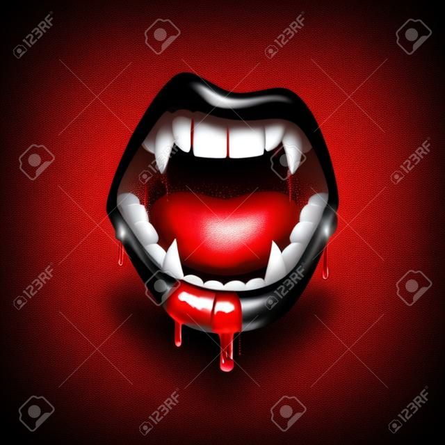 Usta wampira z ikoną wektora kłów. kreskówka otwarte kobiece czerwone usta z długimi spiczastymi zębami i kapiącą krwawą śliną, szczęki potwora wyrażają emocje na białym tle