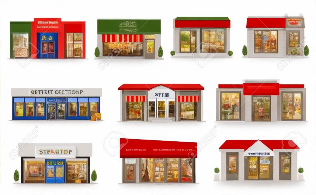Store, shop and art gallery buildings with vector storefront windows, glass front doors and awnings. Isolated objects of retail business property and commercial real estate, hunting and plumbing store