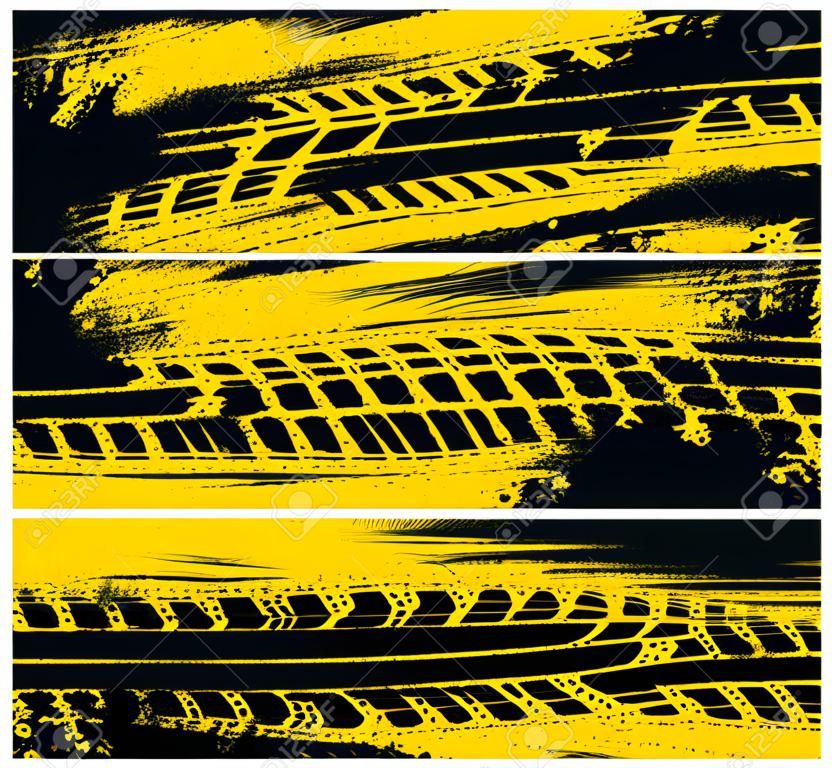 Tire tracks, off road tire prints, grunge vector car treads, black and yellow spots and marks. Rally, motocross bike protectors, vehicle, transportation dirty wheels trace. Quality service banners set