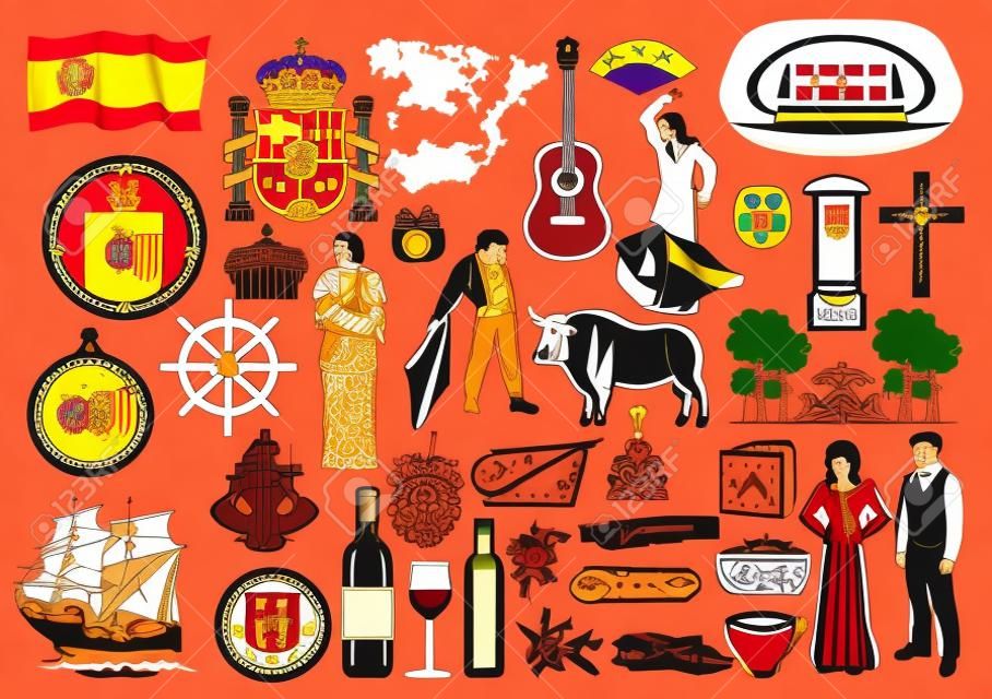 Spanish travel icons and symbols, vector map and flag, Barcelona and Madrid landmark icons. Spain flamenco and olives, food paella and bull corrida, guitar and caravel, coat of arms and wine