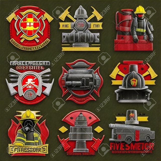 Firefighting icons, fire service retro emblems. Fire department station truck, fireman in helmet and gasmask, water hydrant, axes. Firefighters maltese cross vintage badges with rescue team equipment