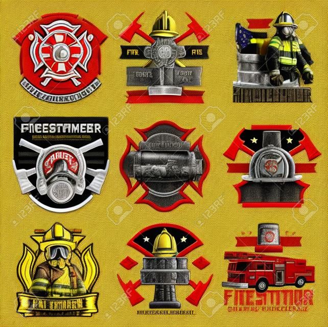 消防のアイコン、消防のレトロなエンブレム。消防署のトラック、ヘルメットと防毒マスクの消防士、消火栓、斧。消防士マルタ十字のビンテージバッジと救助隊の装備