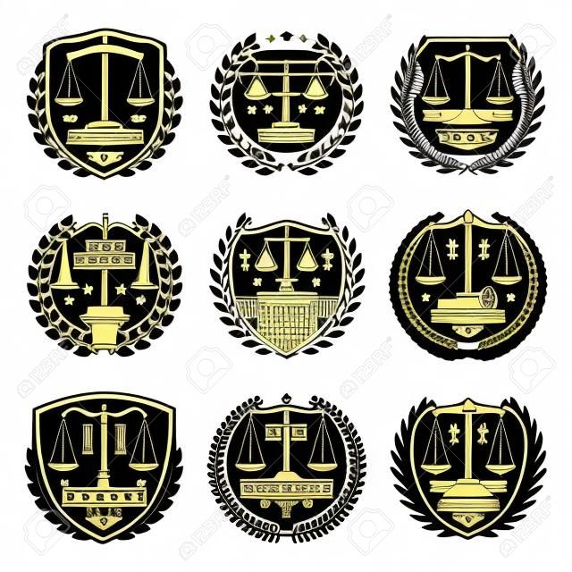 Notary office and court icons, justice service retro emblems and labels. Monochrome vector scales of justice symbol, court building and laurel wreath. Attorney or advocate firm round and shield emblem