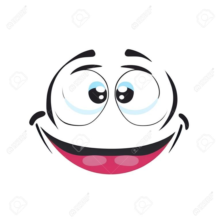 Emoticon di buon umore isolato emoji sorridente felice. Emoji soddisfatto del vettore, avatar del bot del centro di supporto con ampio sorriso. Adesivo emoji, chatbot persona di buon umore. Testa che ride, simbolo della giornata mondiale del sorriso