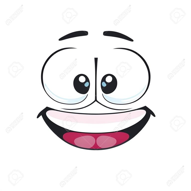 Emoticon di buon umore isolato emoji sorridente felice. Emoji soddisfatto del vettore, avatar del bot del centro di supporto con ampio sorriso. Adesivo emoji, chatbot persona di buon umore. Testa che ride, simbolo della giornata mondiale del sorriso