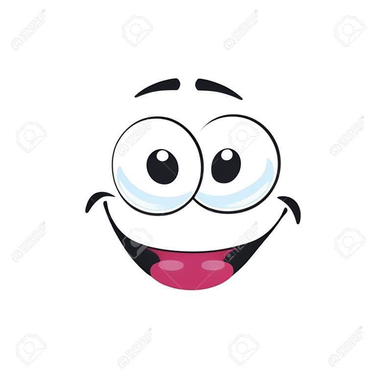 Émoticône de bonne humeur isolé emoji smiley heureux. Emoji satisfait de vecteur, avatar du bot du centre de support avec un large sourire. Autocollant Emoji, chatbot personne de bonne humeur. Tête qui rit, symbole de la journée mondiale du sourire