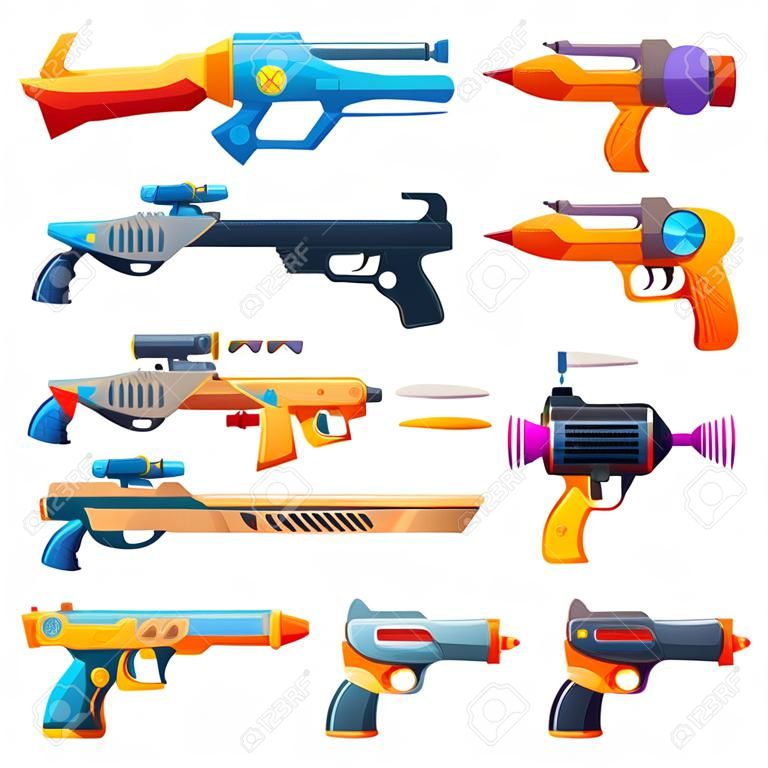 Blaster guns, cartoon vector handguns and rayguns weapon. Toys for kids game, alien space arms or child pistols and laser weapon isolated on white background, military arms ui design elements set