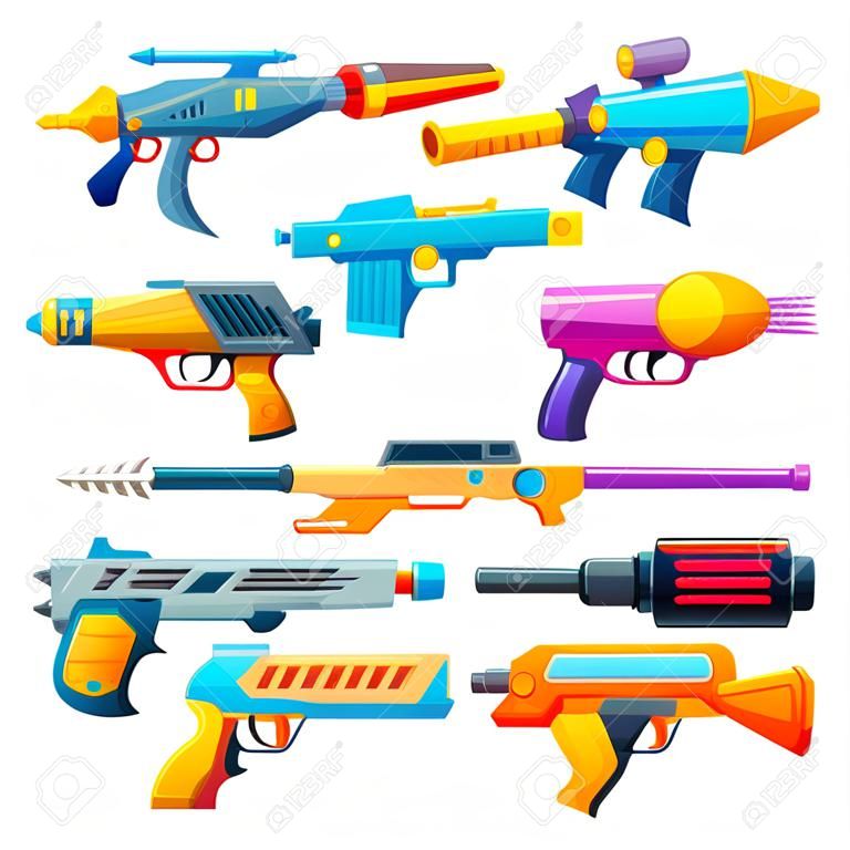 Blaster guns, cartoon vector handguns and rayguns weapon. Toys for kids game, alien space arms or child pistols and laser weapon isolated on white background, military arms ui design elements set