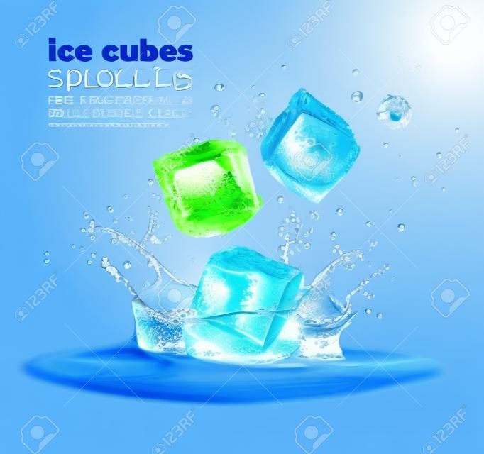 Glaçons réalistes et éclaboussures d'eau. La conception vectorielle avec des cristaux 3d congelés tombe dans un liquide bleu. Congelez des blocs de glace fondante et des gouttelettes. Cubes de glace isolés dans les éclaboussures de boissons fraîches