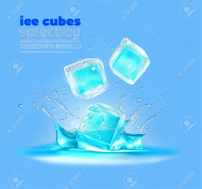 Realistische ijsblokjes en watersplash. Vector ontwerp met bevroren 3d kristallen vallen in blauwe vloeistof. Bevries blokken van smeltende ijs en druppels. Geïsoleerde ijsblokjes in verse drank splash