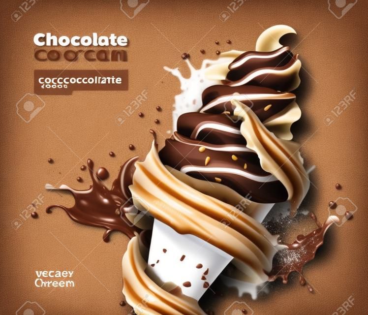 Miękkie lody czekoladowe z odrobiną czekolady i wirami. plakat wektorowy z realistycznymi lodami w rożku waflowym i pluskającym brązowym sosem. słodki kremowy deser, mleczne mrożone słodycze