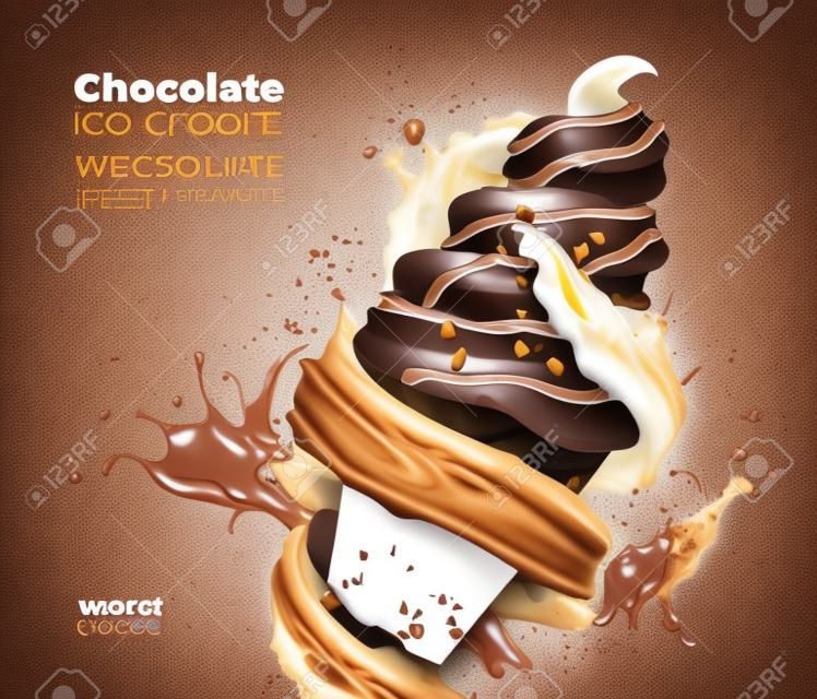 チョコのスプラッシュと渦巻きのチョコレートソフトクリーム。ワッフルコーンと水しぶきの茶色のソースでリアルなアイスクリームとベクトルポスター。甘いクリーミーなデザート、乳製品の冷凍甘い食べ物