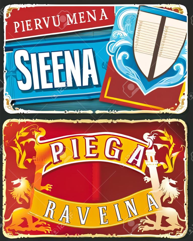 Siena, Perugia en Ravenna italian reizen stickers en platen. Italië steden ansichtkaart of tin zingt vector stickers. Europese land reis platen met steden Coat of Arms leeuw en Griffin symbolen