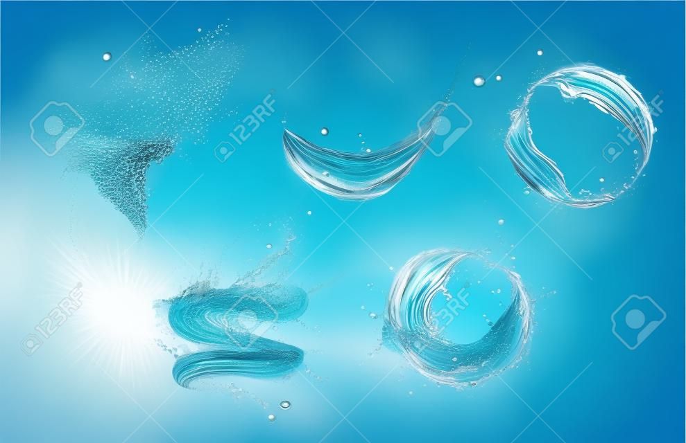 Tornade d'eau transparente, tourbillon et éclaboussures tourbillonnantes avec des gouttes, vecteur réaliste. Vague d'eau bleue en torsion ou tourbillon avec éclaboussures de gouttes et bulles en tourbillon, aqua clair avec écoulement versant
