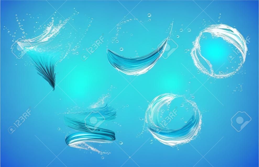 透明な水の竜巻、旋風と渦巻きのしぶき、現実的なベクトル。ツイスターの青い水波または渦巻きの滴と泡のしぶきを伴う回転、注ぐ流れのある透明な水