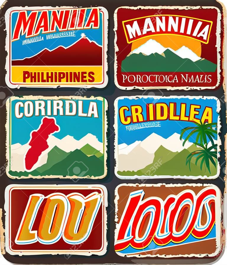 Manila, Cordillera and Ilocos, provinces of Philippines, vector travel plates and stickers. Philippines regions tin signs with landmarks, flags, maps and slogans for luggage tags