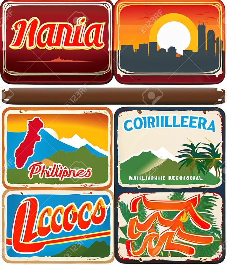 Manila, Cordillera and Ilocos, provinces of Philippines, vector travel plates and stickers. Philippines regions tin signs with landmarks, flags, maps and slogans for luggage tags