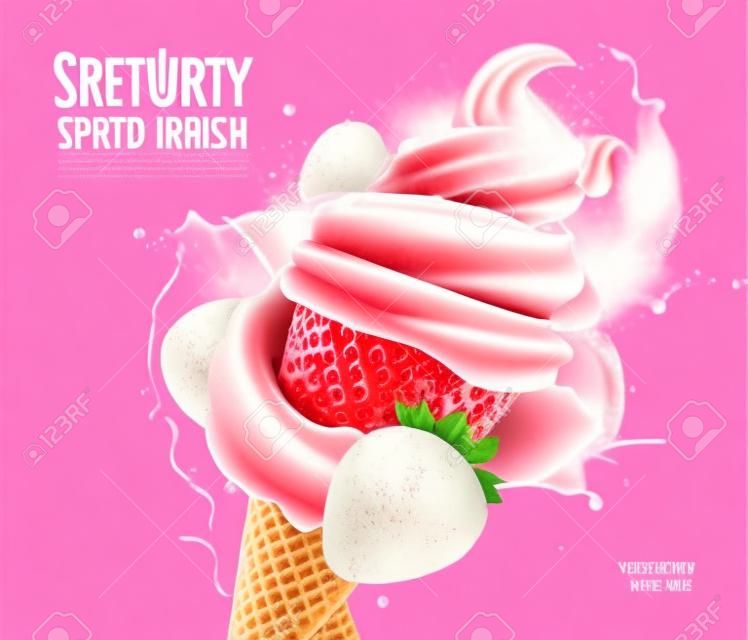 Miękki rożek do lodów truskawkowych z wirującym odrobiną. plakat promocyjny reklam wektorowych z realistycznymi lodami w kubku waflowym z jagodami i różowym sosem rozpryskującym. słodki kremowy deser, mleczny mrożony letni deser
