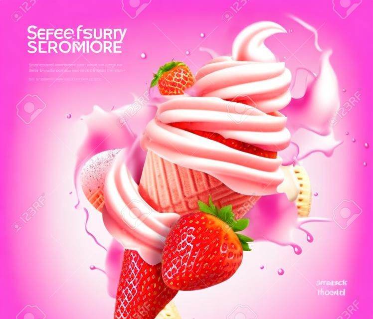 渦巻きのスプラッシュが付いた柔らかいイチゴアイスクリームコーン。ベリーとピンクのスプラッシュソースとワッフルカップにリアルなアイスクリームを入れたベクター広告プロモーションポスター。甘いクリーミーなデザート、乳製品冷凍夏のデザート