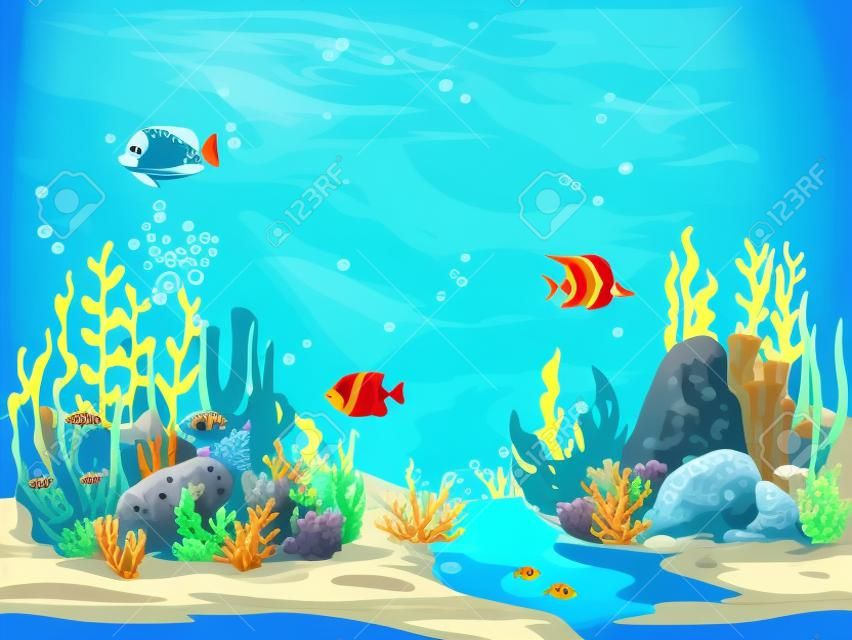 Cartoon underwater landscape, game level. Seaweed, corals, fish school and sunken ship. Vector sea or ocean under water world background, marine sand bottom with coral reef, starfish and bubbles