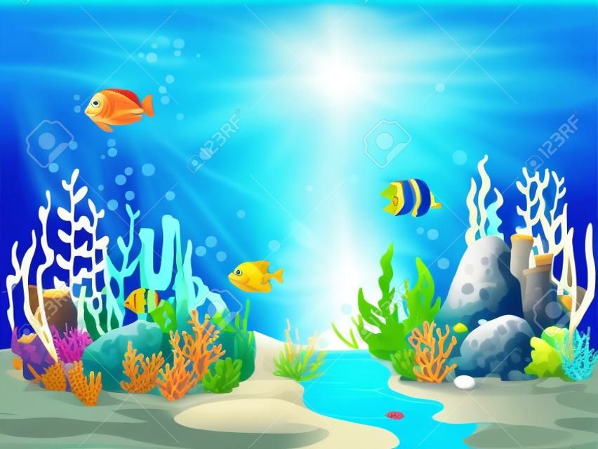 Cartoon underwater landscape, game level. Seaweed, corals, fish school and sunken ship. Vector sea or ocean under water world background, marine sand bottom with coral reef, starfish and bubbles