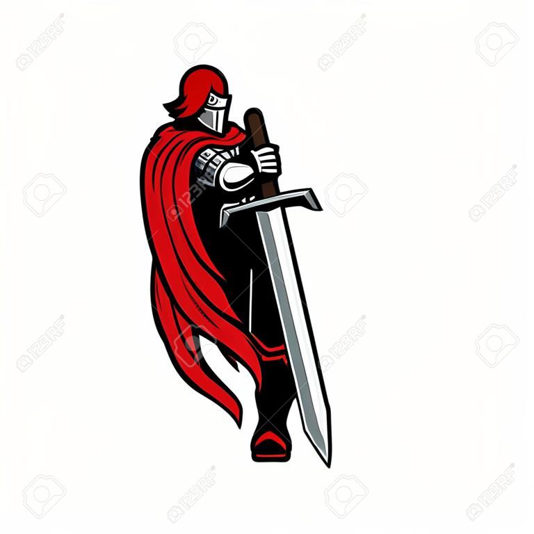 Mittelalterliche Rittervektorikone, heraldisches Maskottchen, Krieger mit Schwert. Wachangriff mit Klinge in Rüstung und rotem Umhang. heraldik isoliertes symbol des königlichen ritters im helm mit gefieder, alter soldat