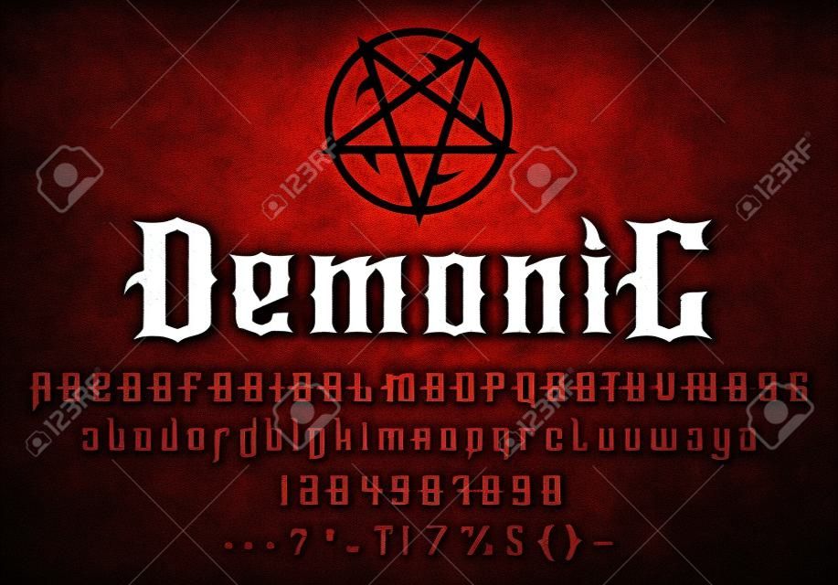 悪魔のフォントアルファベット、ホラーゴスのタイポグラフィ、悪魔の邪悪な書体、ベクター画像タイプ。サタンオカルトフォントまたは悪魔の儀式ゴシックタイプと五芒星文字、血まみれの赤い悪魔地獄タイプセット