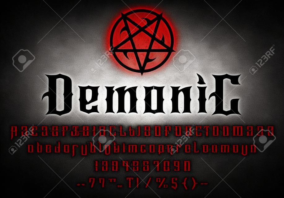 Devil font alphabet, horror goth typography and demon evil typeface, vector type. Satan occult font or devil ritual gothic type and pentagram letters, bloody red demonic hell typeset