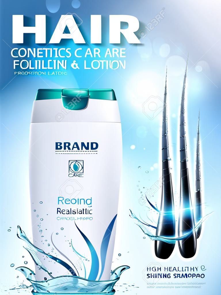 Realistic hair shampoo and care lotion bottle with splash. Cosmetics beauty product advertising realistic 3d vector template. Conditioner, cosmetic tube and shining healthy follicles promo ad poster