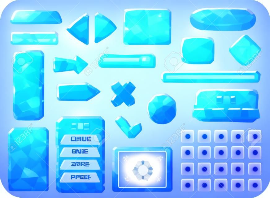 IJskristal knoppen, cartoon interface. UI spel en GUI elementen, vector bevroren sneeuw blokken. Kristal ijsknoppen, frames en pijlen voor spelmenu navigatie en controle, opties en instellingen