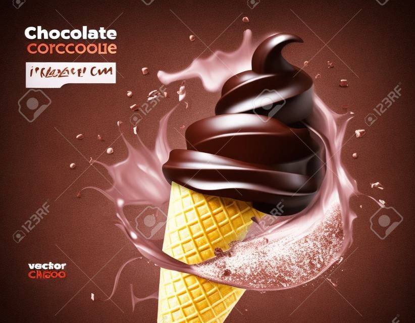 スプラッシュ付きのチョコレートアイスクリームデザートコーン、チョコスプラッシュ付きのベクター画像のリアルな広告。ココアトッピングフローウェーブとドロップスプラッタを備えたウエハースコーンのチョコレートアイスクリーム、IECREAM広告
