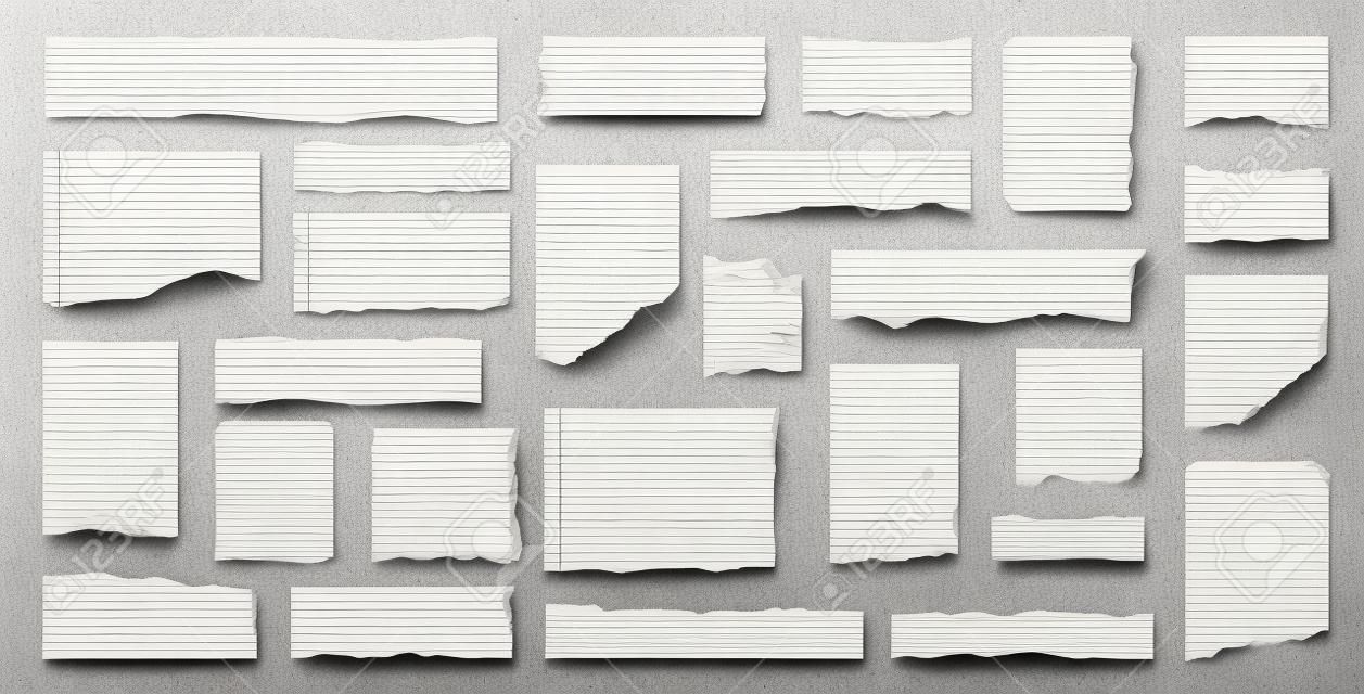 White torn paper, rip paper pieces and notebook page strips with ripped corners, vector note sheets. Torn paper shreds from copybook, lined and chequered pages with holes for banners or message memo