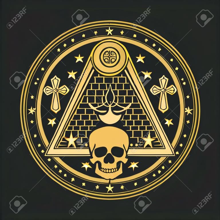 Magische talisman occulte en esoterische symbool als schedel, Keltische kruis en Egypte ankh, piramide en pentagram. Vector alchemie magische teken, esoterische spirituele amulet