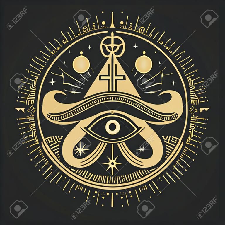 Metselteken, occult en esoterisch symbool. Vector Oog van de voorzienigheid, Egyptische Ankh, sterren en maan binnen in gouden zon cirkel. Magische tarot kaart teken, heilige religie spirituele occulte amulet, tatoeage