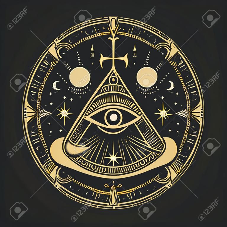 Metselteken, occult en esoterisch symbool. Vector Oog van de voorzienigheid, Egyptische Ankh, sterren en maan binnen in gouden zon cirkel. Magische tarot kaart teken, heilige religie spirituele occulte amulet, tatoeage