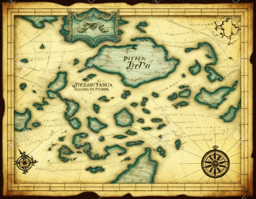 古い海賊の宝の地図。ベクター島、海と帆船、アンティークコンパス、海の怪物動物、魚のスケッチを持つビンテージパーチメント紙。宝探しの冒険、地図作成、海の旅