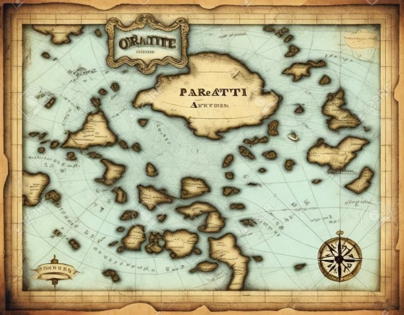 古い海賊の宝の地図。ベクター島、海と帆船、アンティークコンパス、海の怪物動物、魚のスケッチを持つビンテージパーチメント紙。宝探しの冒険、地図作成、海の旅
