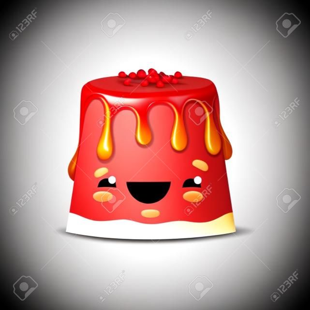 Cartoon cake character, dessert food face emoji or vector yummy dessert. Funny sweet cake, cheesecake or pudding with caramel syrup, kids funny pastry emoticon or bakery and confectionery cute smile