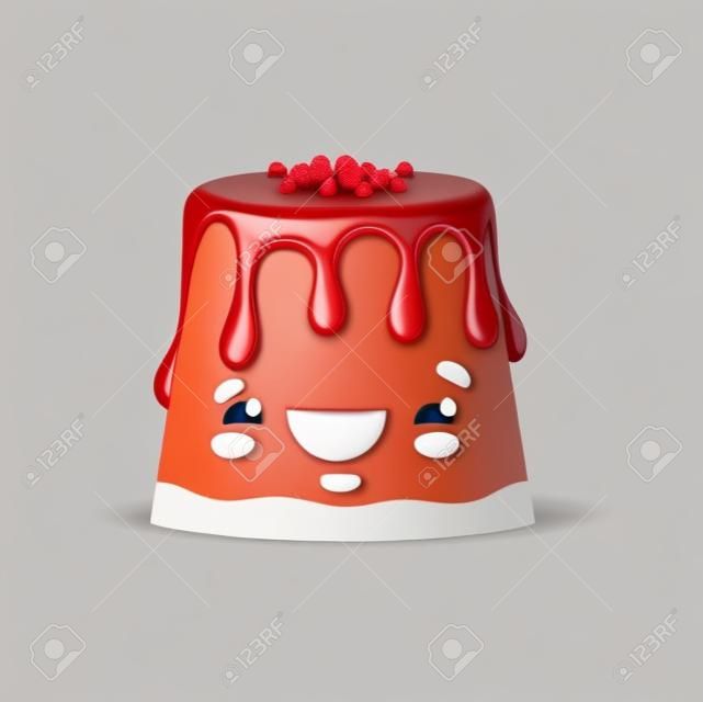 Cartoon cake character, dessert food face emoji or vector yummy dessert. Funny sweet cake, cheesecake or pudding with caramel syrup, kids funny pastry emoticon or bakery and confectionery cute smile