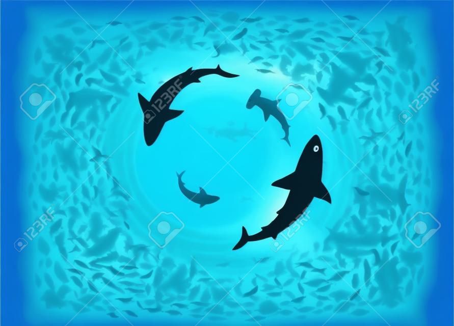 Underwater sea landscape with sharks and fish shoals bottom view. Vector background with vortex of ocean predator silhouettes creates mesmerizing sight, showcasing beauty and diversity of marine life