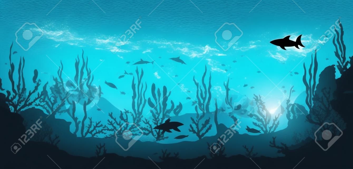해초 벡터 배경 해저 또는 바다 산호초 실루엣 풍경에 물고기 떼와 상어가 있는 만화 수중 바다 풍경 실루엣 바다 밑 깊은 물에 돌고래가 있는 바다 산호초 실루엣 풍경