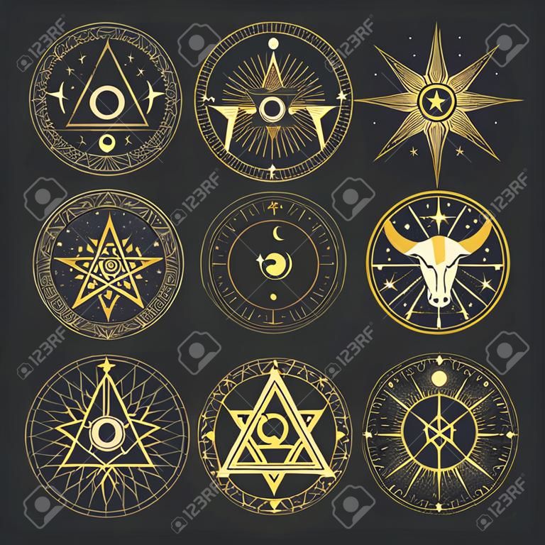 Occulte en esoterische pentagram magische tarot ondertekent occultisme en magische alchemie pentagrammen met zon en maan rituele cultus heptagram van cabbala illuminati of vrijmetselaars