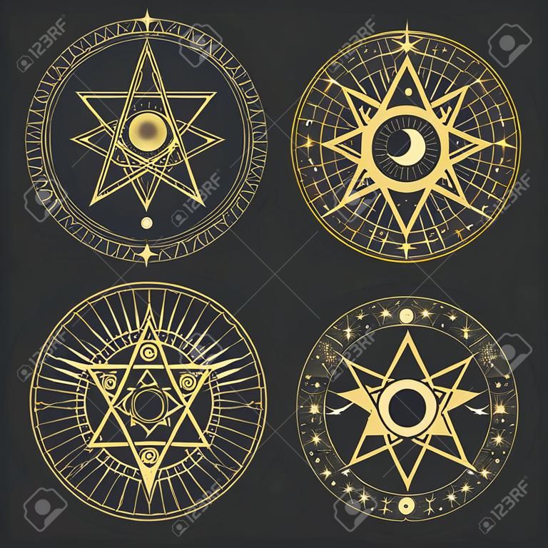 Occulte en esoterische pentagram magische tarot ondertekent occultisme en magische alchemie pentagrammen met zon en maan rituele cultus heptagram van cabbala illuminati of vrijmetselaars