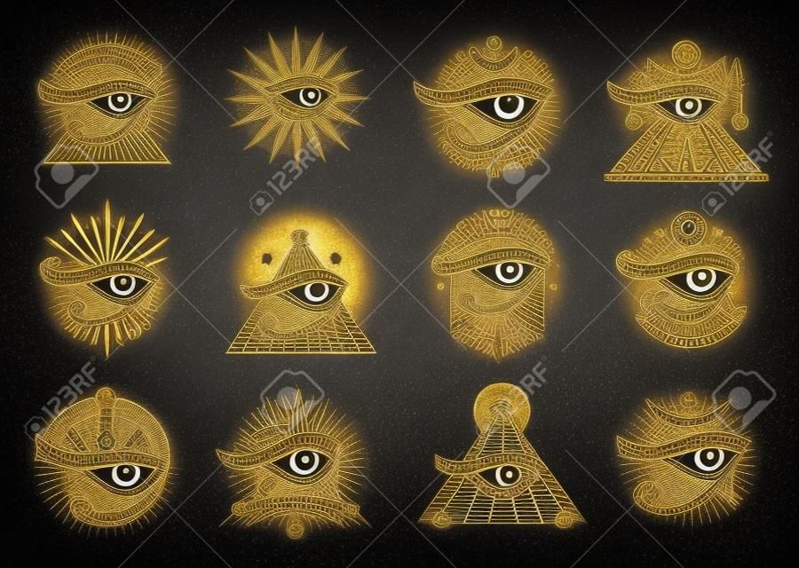Horus oog Egyptische occulte en esoterische magische symbolen Horus oog astrologie symbool hekserij rituele tekenen set Egyptische god alziend oog occulte of alchemie vector zegel met ankh piramide en maan