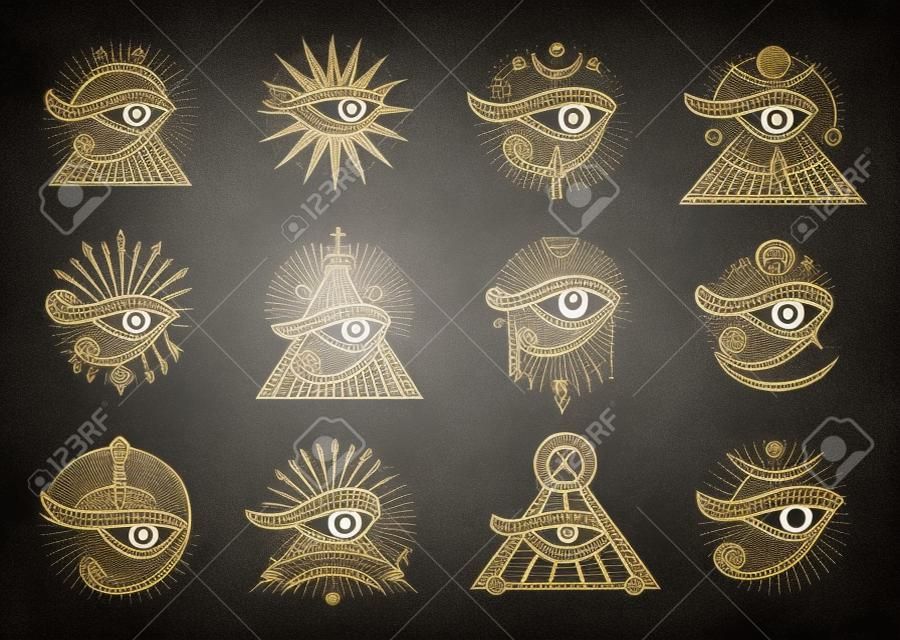 Horus oog Egyptische occulte en esoterische magische symbolen Horus oog astrologie symbool hekserij rituele tekenen set Egyptische god alziend oog occulte of alchemie vector zegel met ankh piramide en maan