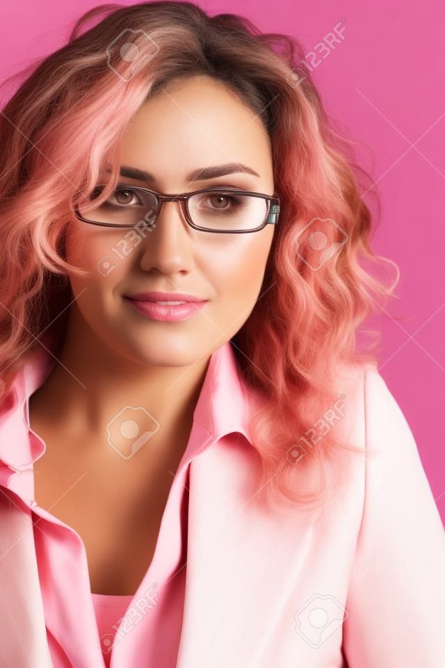 Portrait of a beautiful young adult Caucasian businesswoman with light skin and curly brown hair, brown eyes and pink lips, wearing a pinstripe Jacket and white shirt with spectacles