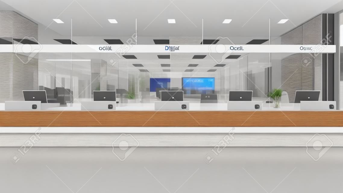 Suporte ao cliente com contador digital em grande espaço aberto escritório 3D renderização
