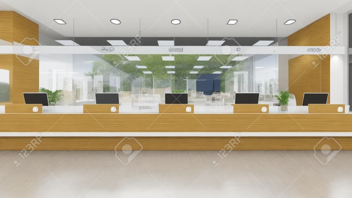 Suporte ao cliente com contador digital em grande espaço aberto escritório 3D renderização