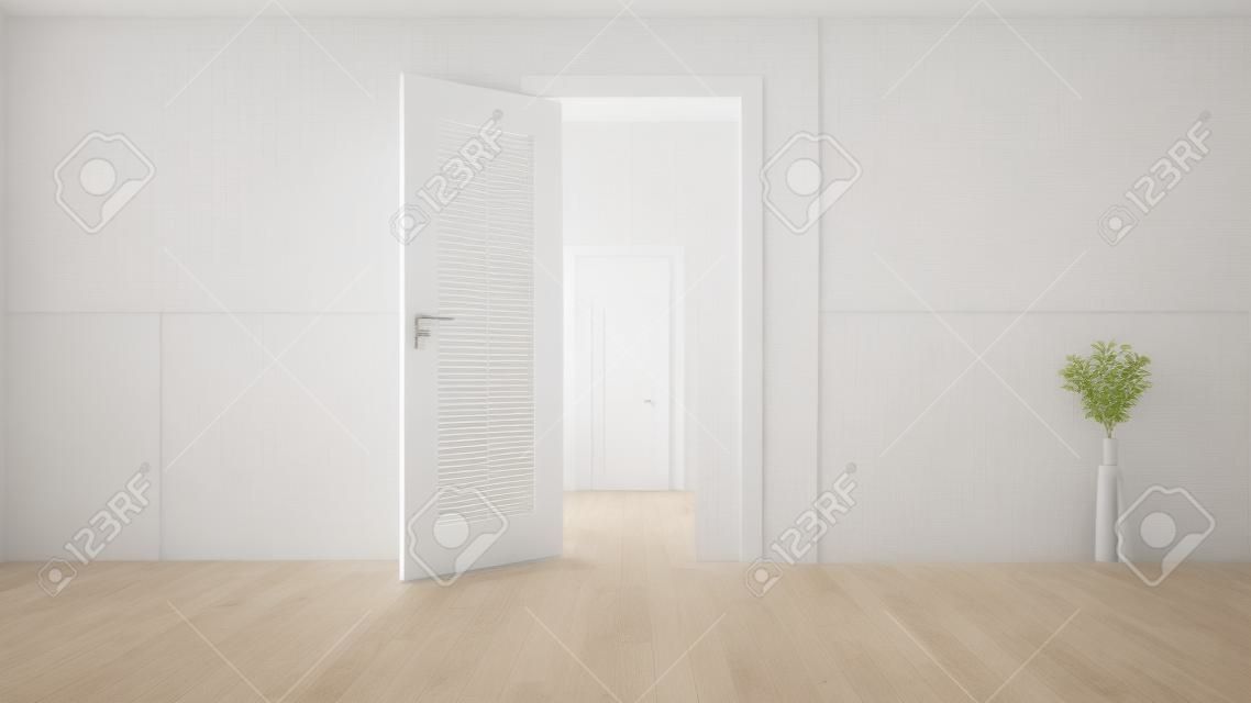 Light entering from white wooden open door to empty room with concrete wall and white wooden parquet floor realistic 3D rendering 